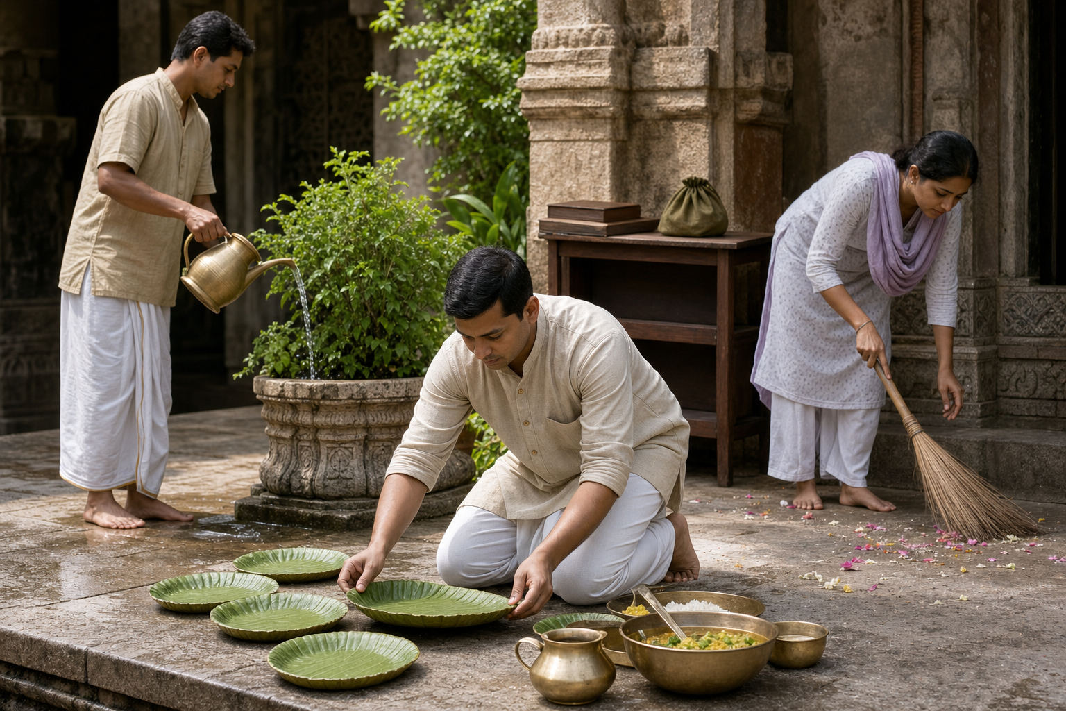 People arrange serving plates, water a tulasi plant, and sweep flower petals in a sunlit temple courtyard.