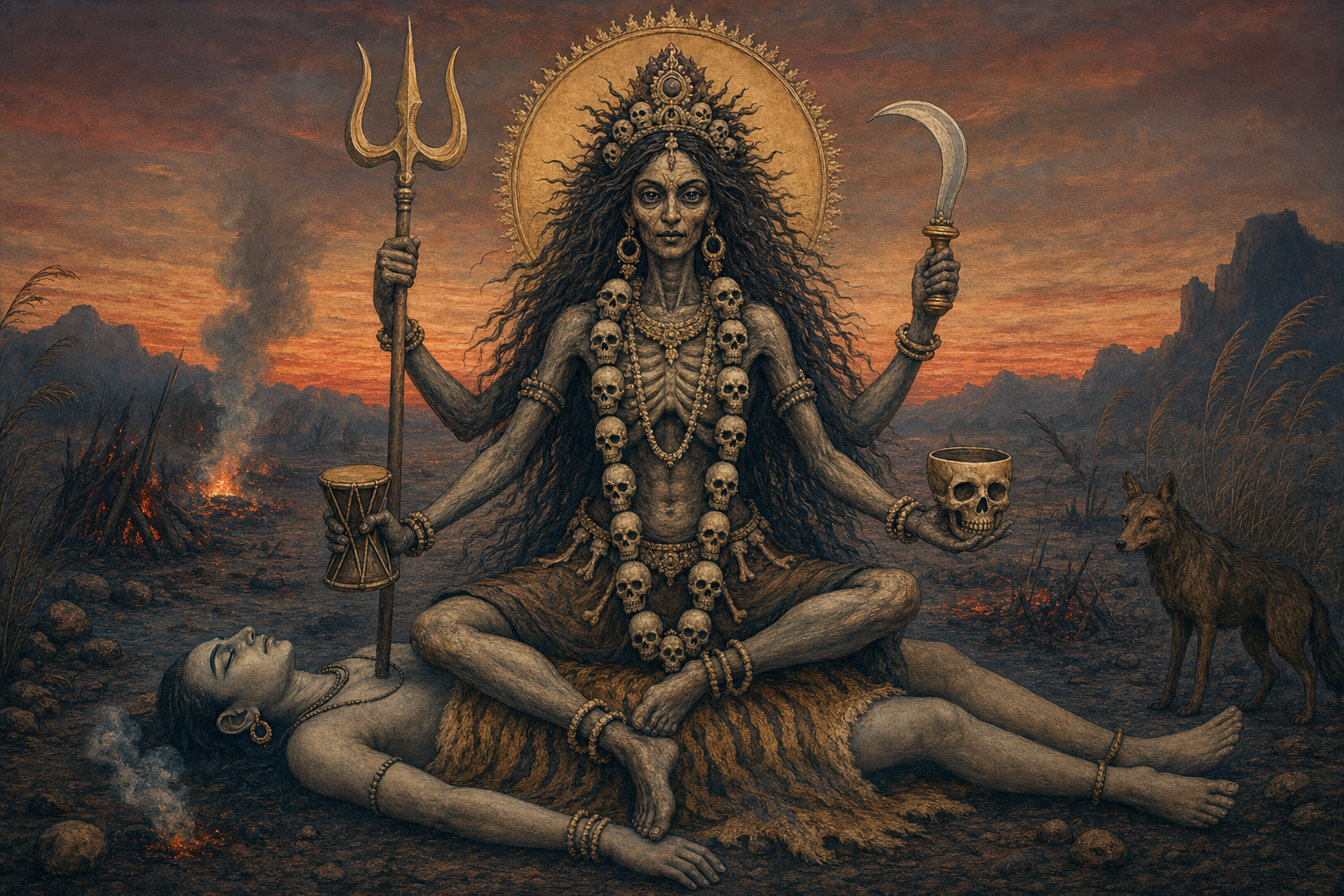 Chamunda appears as a gaunt, many-armed goddess with a skull garland, trident, blade, drum and skull cup, seated above a symbolic corpse in a twilight cremation ground while a jackal watches nearby.