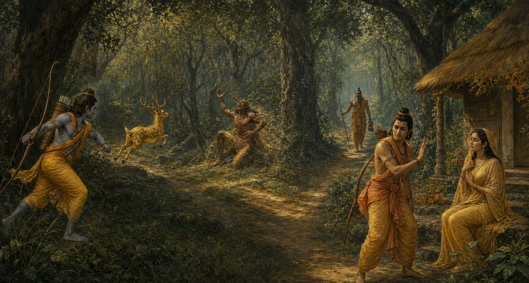 A continuous forest scene shows Rama pursuing the golden deer, Maricha revealing his demonic form in the distance, Lakshmana leaving the hermitage, and a disguised ascetic approaching Sita.