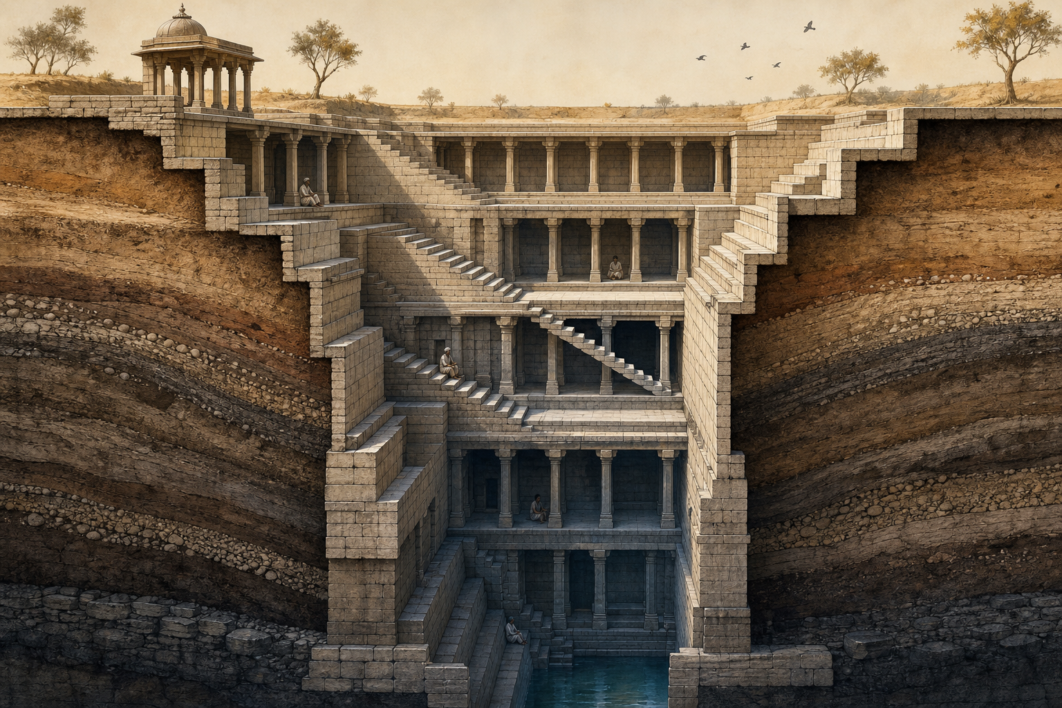 A cutaway section shows stepped retaining walls, stairs, columns, shaded galleries, earth layers, and water at the cool base of a deep stepwell.