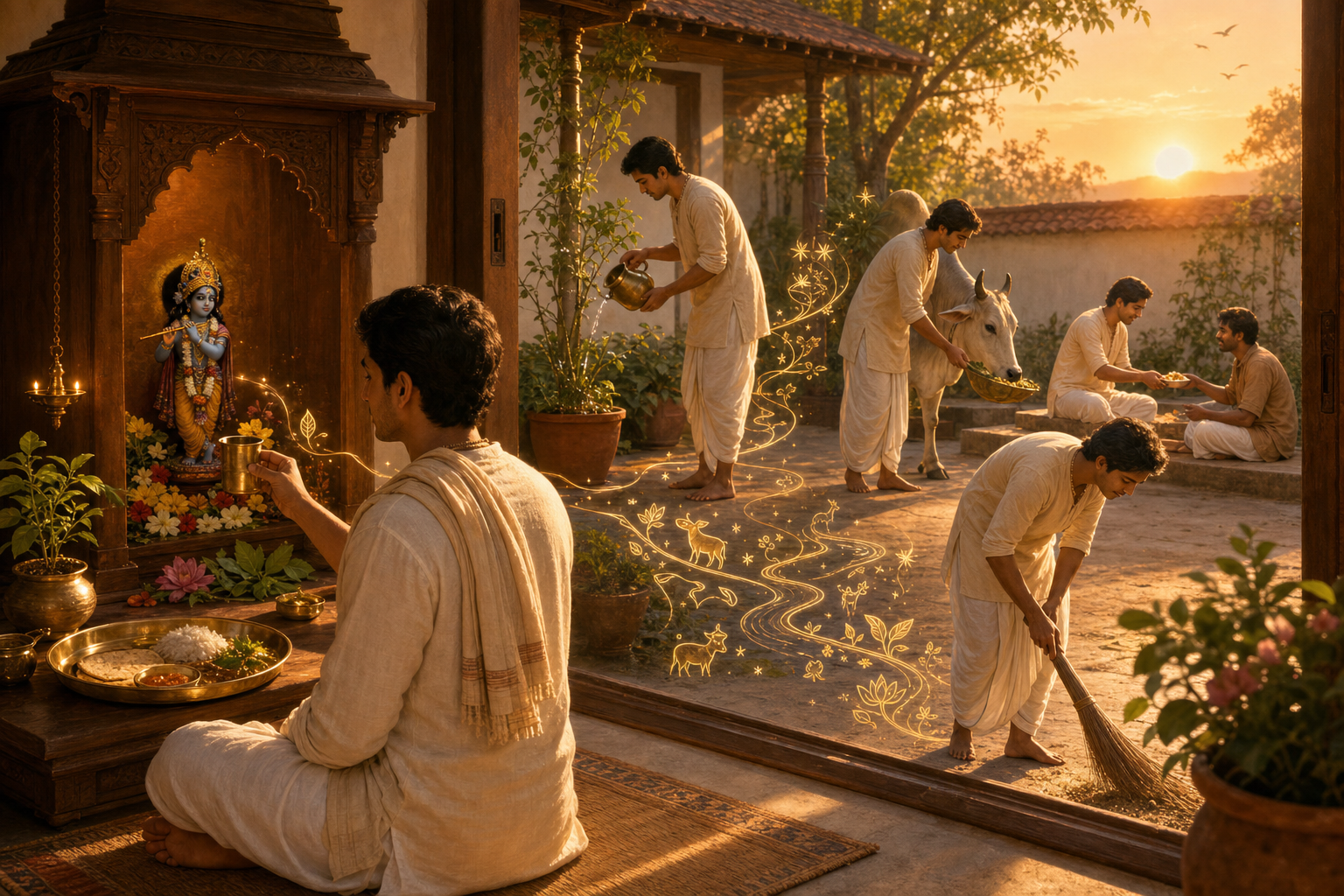 A devotee offers water, tulasi, flowers, and food at a Krishna shrine, then tends a plant, feeds a cow, and shares a meal.