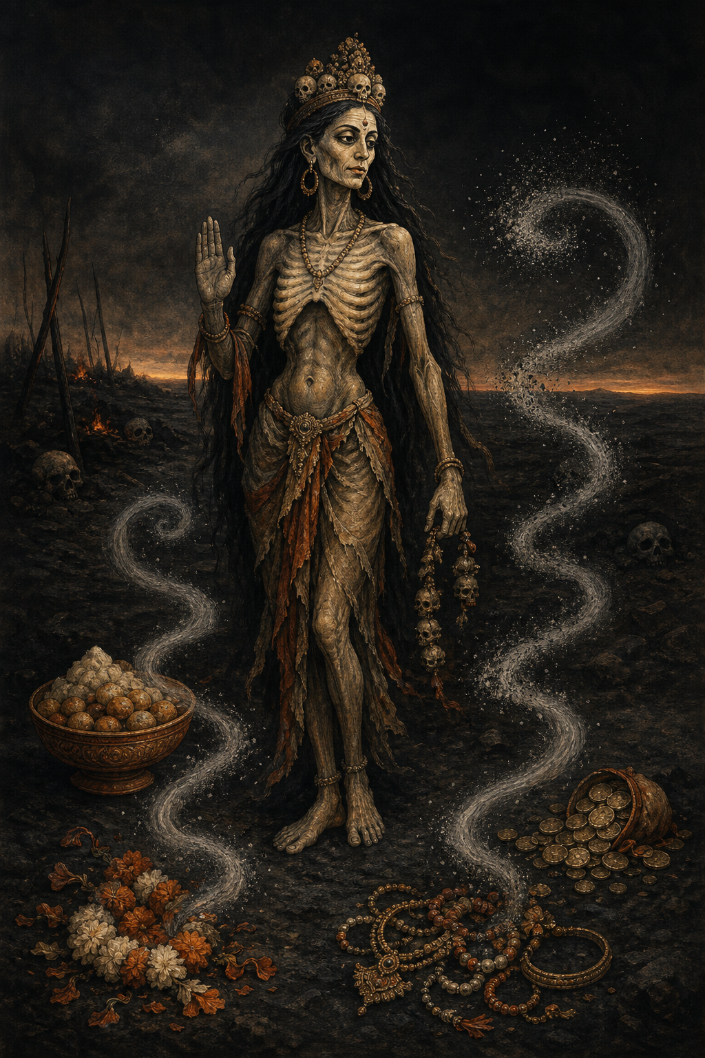 A close devotional illustration shows Chamunda's exposed ribs and hollow abdomen while a soft golden glow radiates from her upright body.
