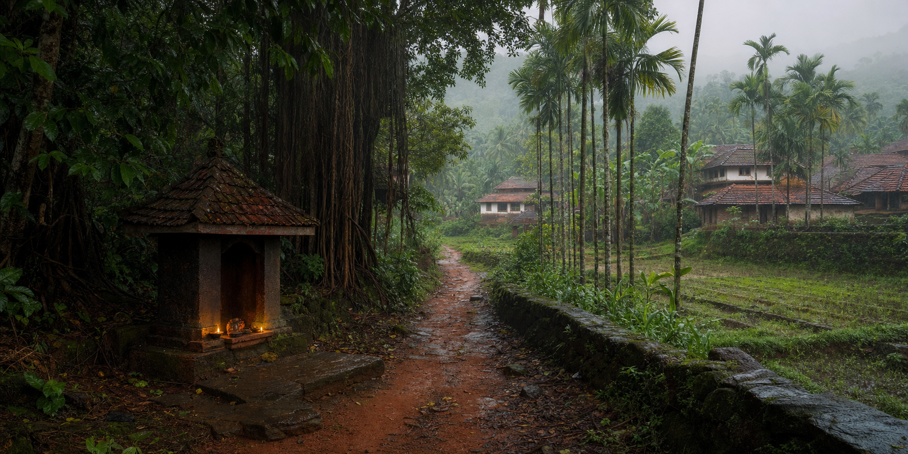 A small village shrine beside a laterite path and dense palm grove in the misty landscape of coastal Karnataka.