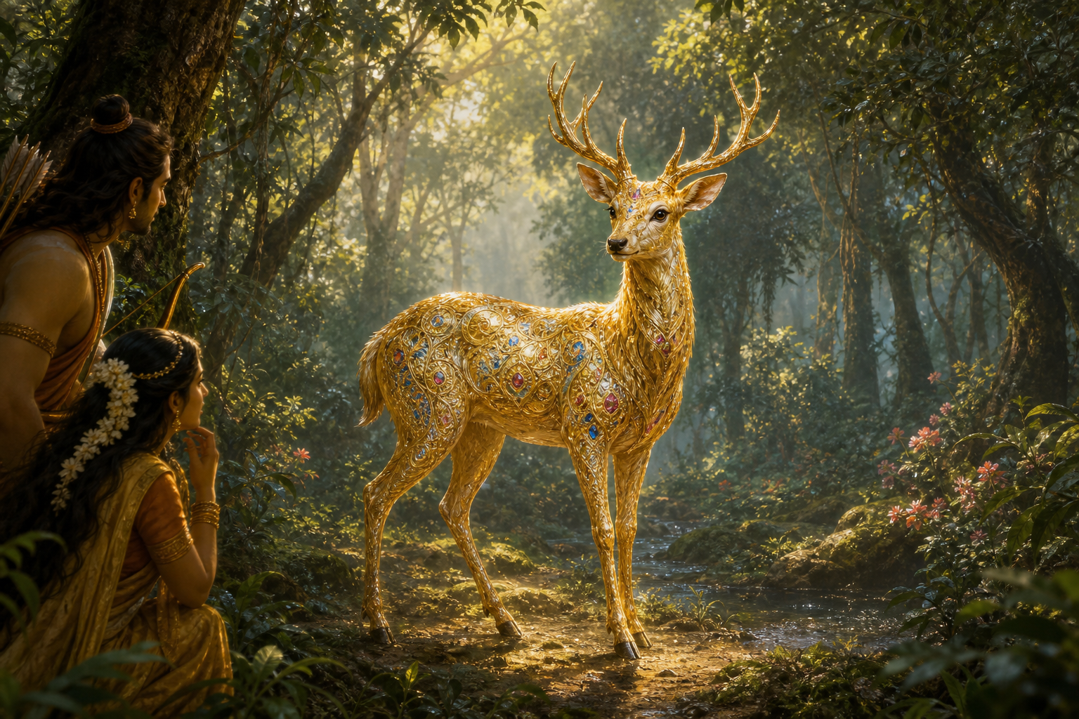 Sita and Rama observe a luminous, jewel-colored golden deer whose fading tracks and unnatural glow hint that it is an illusion.