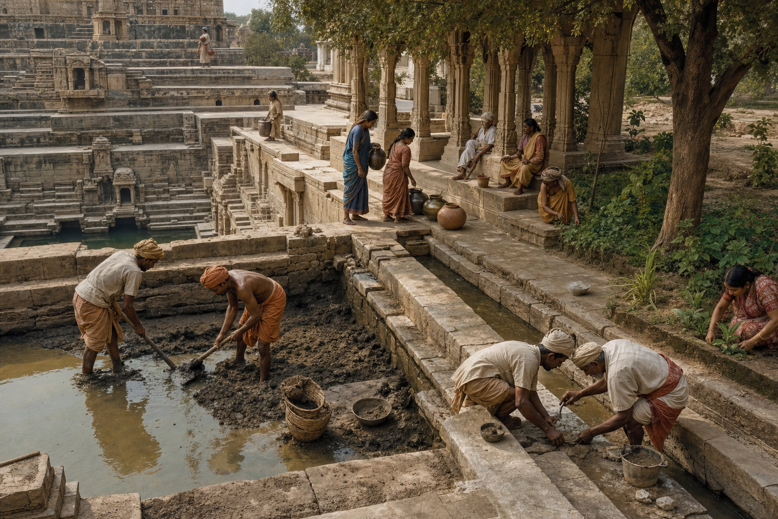 People maintain a stepwell by clearing silt and repairing stonework while other residents collect water and rest in a shaded pavilion.