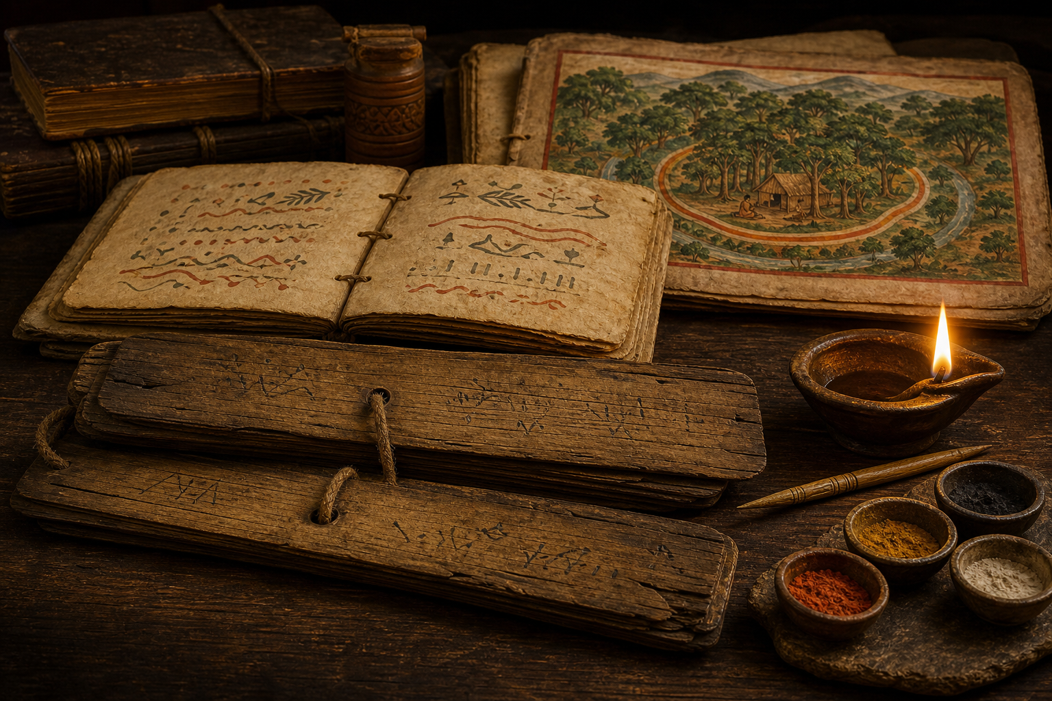Palm-leaf and later paper manuscripts rest on a lamplit table, with a newer painted folio depicting a bright boundary around a forest hermitage.