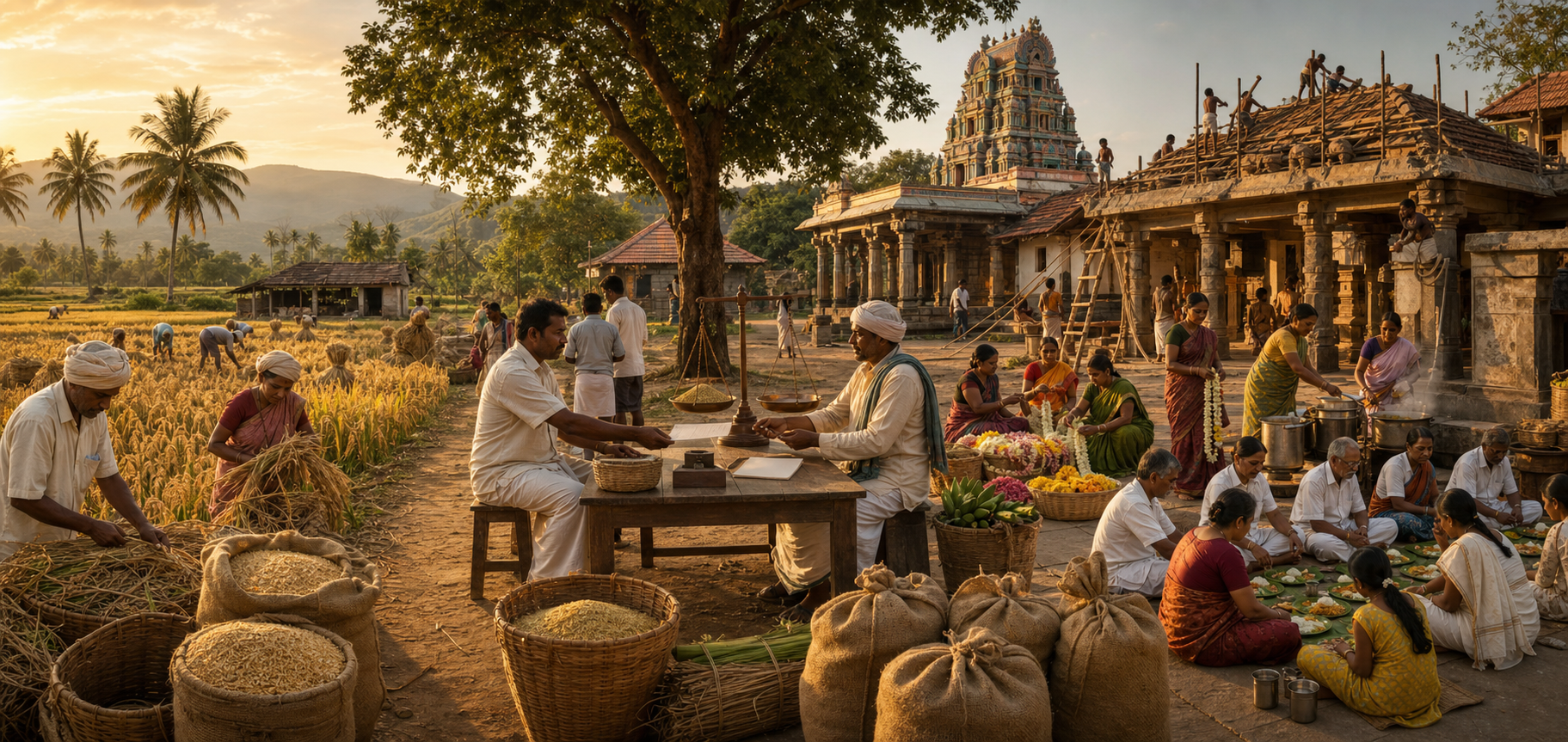 Cultivators harvest grain near a temple courtyard where workers prepare flowers, lamps, food vessels and maintenance materials.