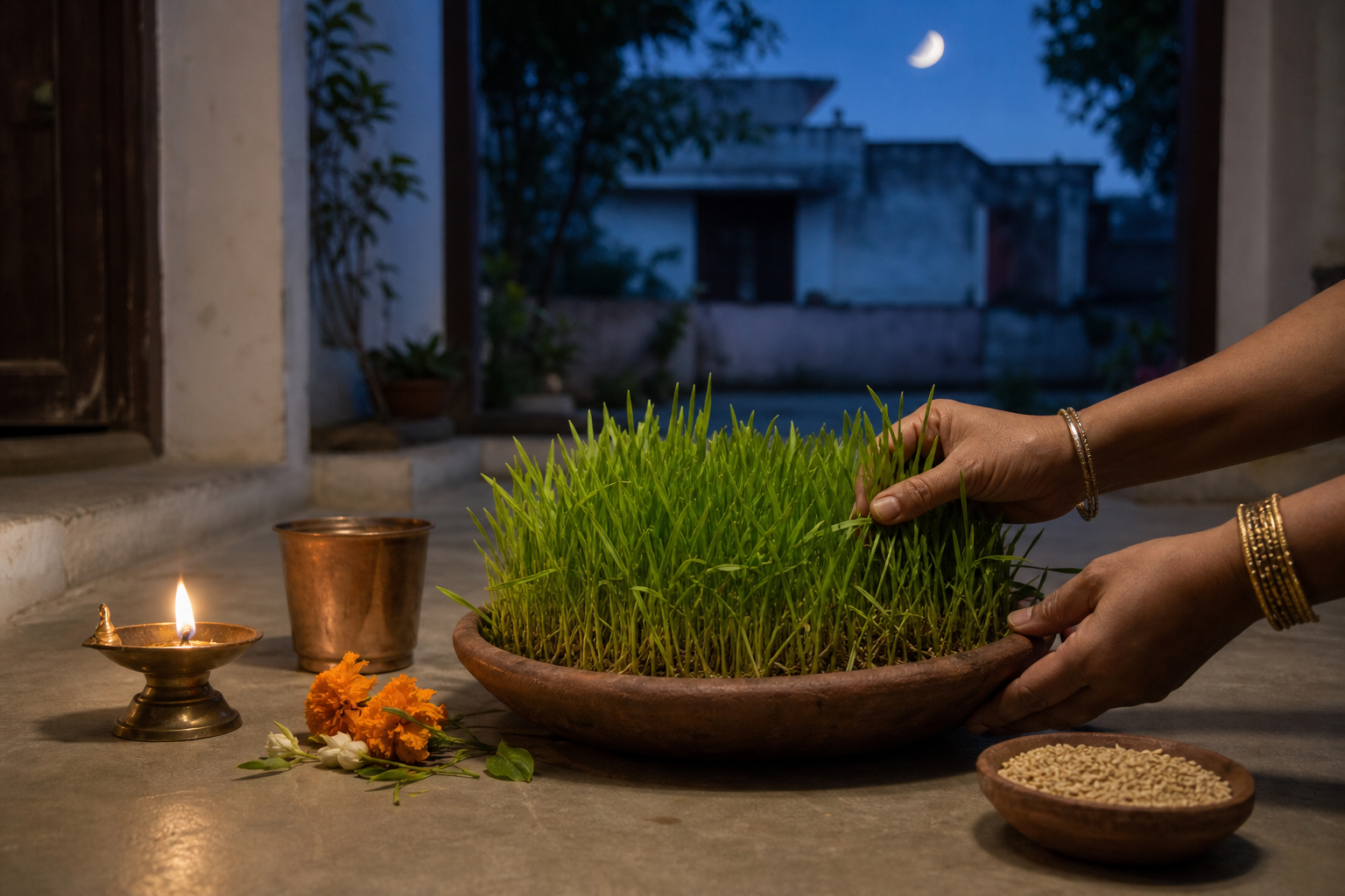 Hands tending green barley shoots in an earthen vessel beside a brass lamp, water cup, flowers, and barley grains in a home courtyard at dusk.