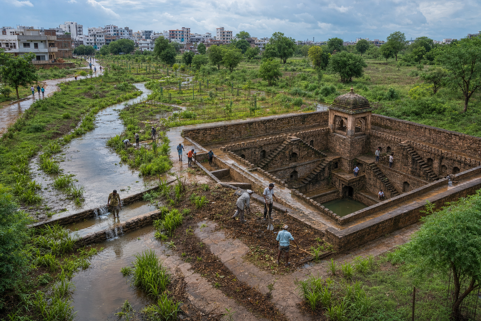 A conserved stepwell is surrounded by restored drains, vegetated swales, permeable ground, recharge areas, trees, and people carrying out maintenance after rain.
