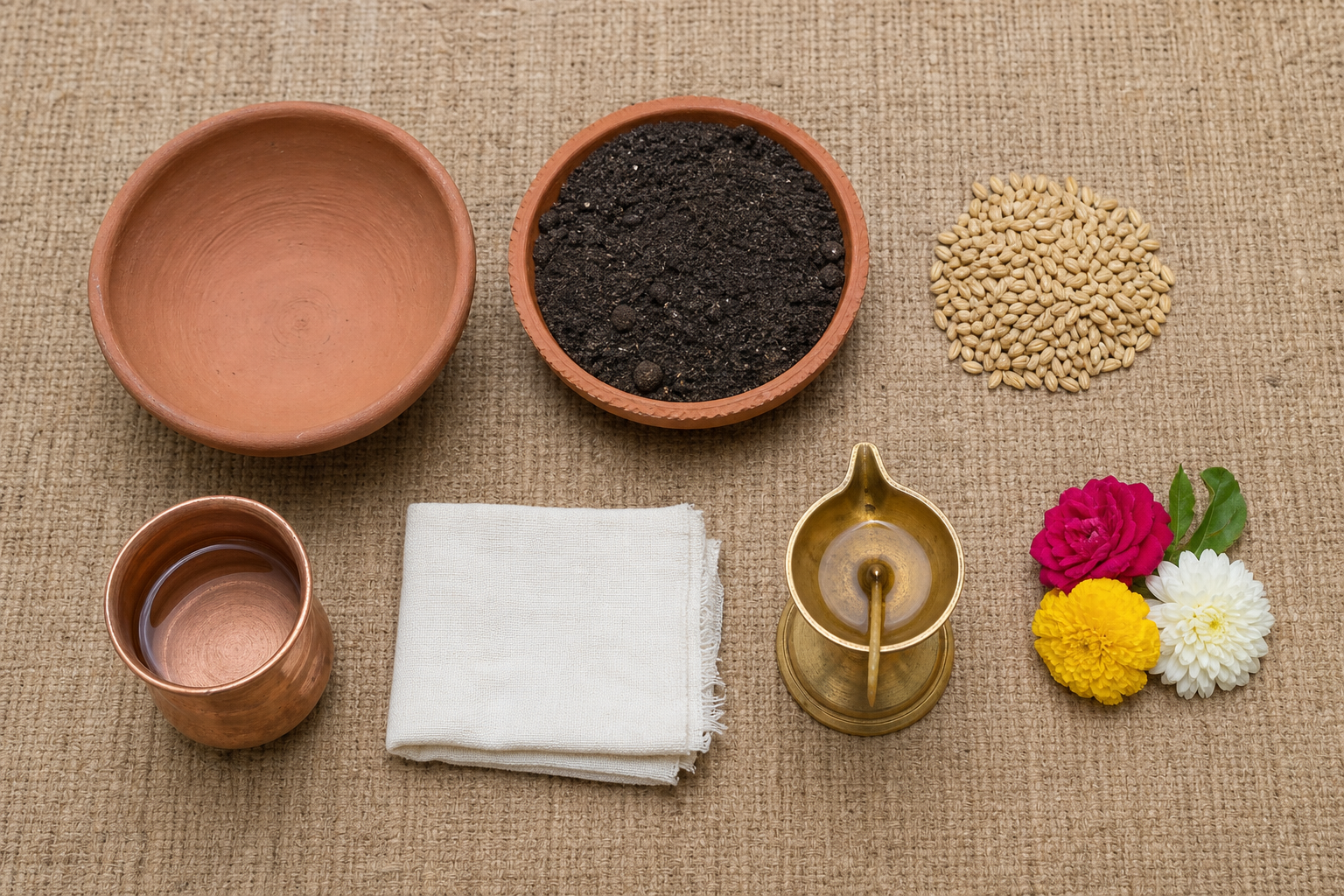 A top-down view of a simple Kajari altar with a terracotta sowing vessel, barley or wheat grains, water pot, oil lamp, flowers, and folded cloth.