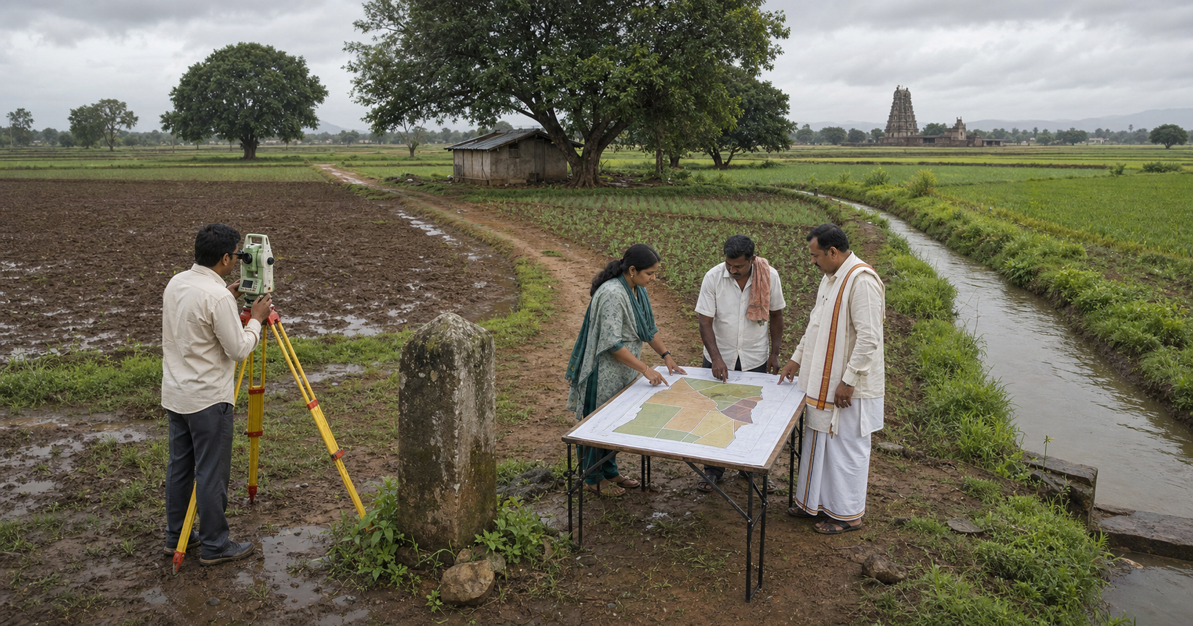 A survey team measures a field boundary as a cultivator, temple representative and local official observe near a temple and a structure crossing a field bund.