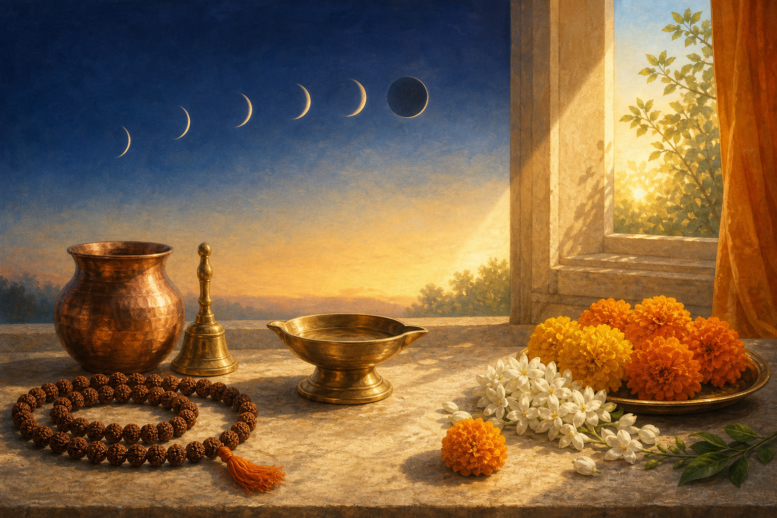 A brass lamp, copper water vessel, prayer beads and flowers in morning sunlight beneath a symbolic waning-to-dark moon sequence.