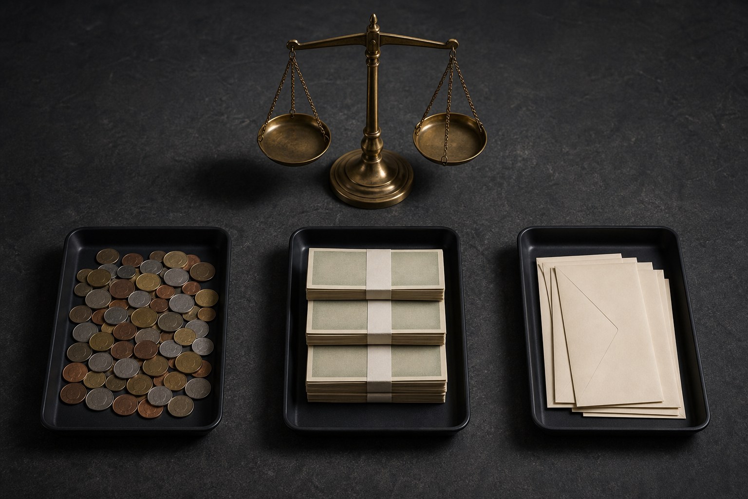 Separate trays hold coins, currency bundles, and deposit envelopes beside a balance scale.