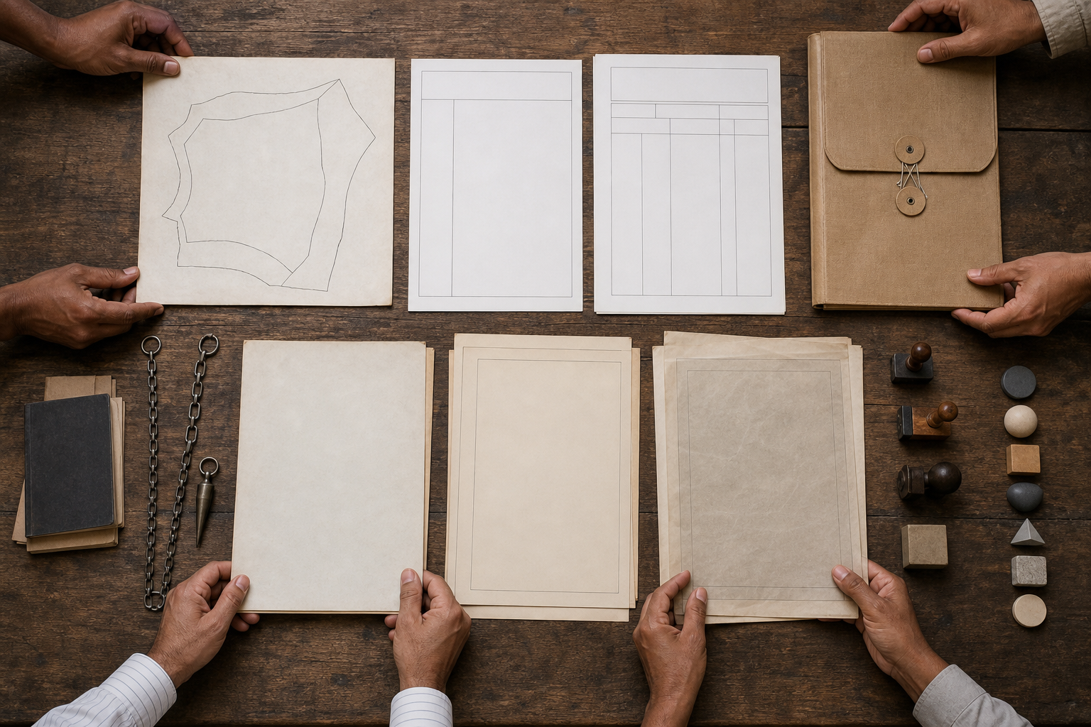 Several hands organize blank land records, an unlabeled boundary sketch, folders, measuring tools and archival materials on a wooden table.