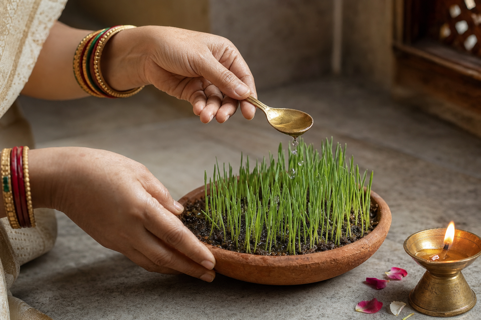 Hands gently sprinkle water onto young grain shoots in an earthen vessel beside a single lit oil lamp.