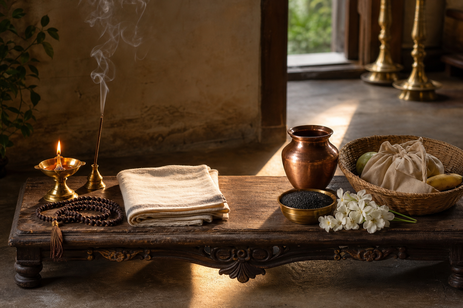 Two connected ritual arrangements show a lamp and prayer beads for morning worship beside water, sesame, flowers, and a charity basket for later observances.