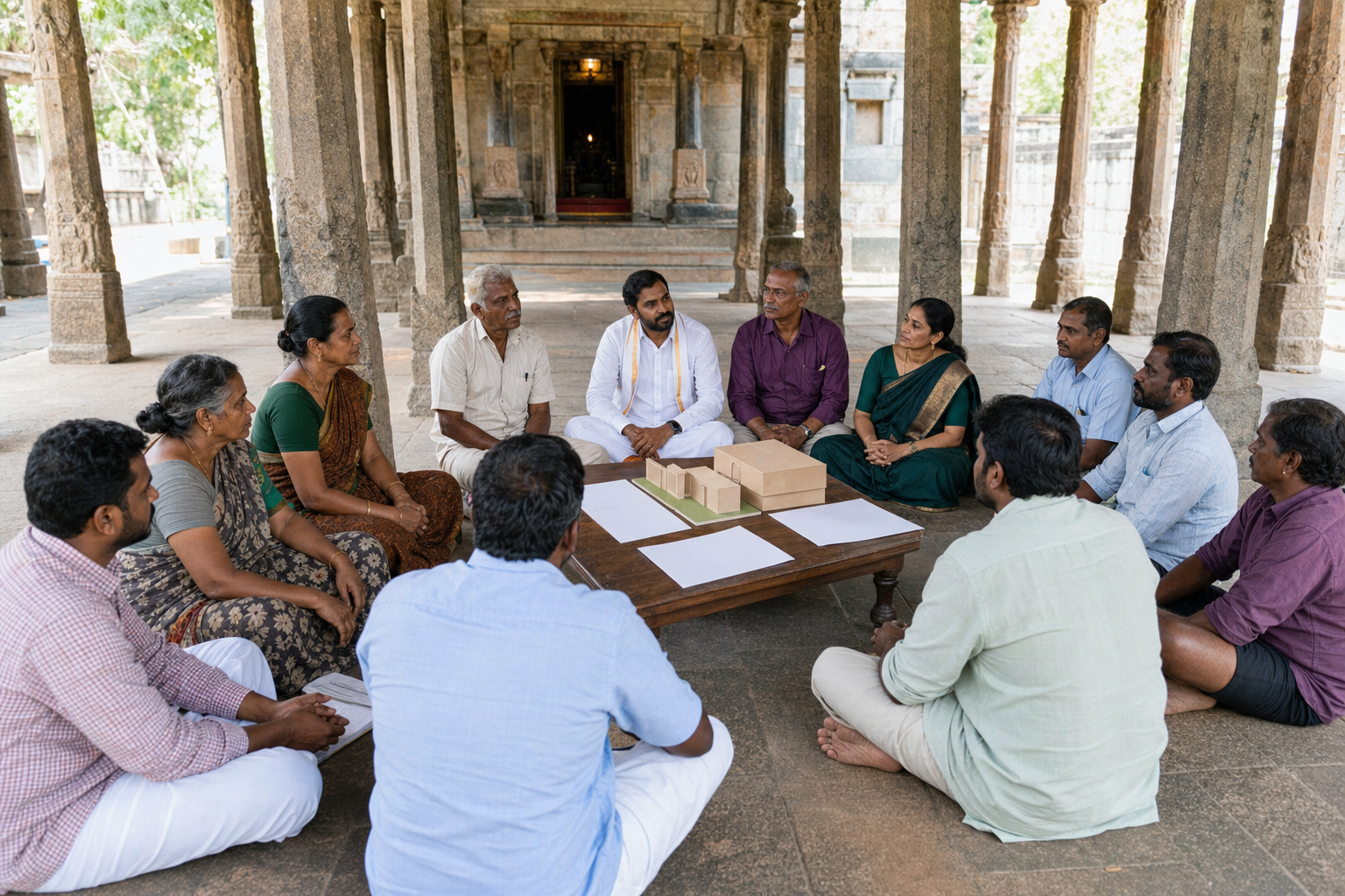 Cultivators, temple workers, administrators, community members and a land professional meet around a low table in a temple mandapa.