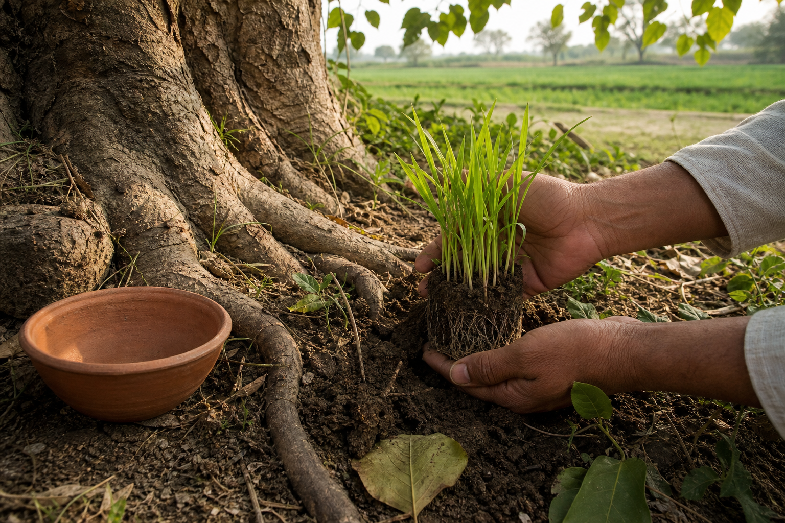 Hands place grain shoots and their soil at the roots of a mature sacred fig tree, with an empty earthen vessel beside them and farmland in the background.