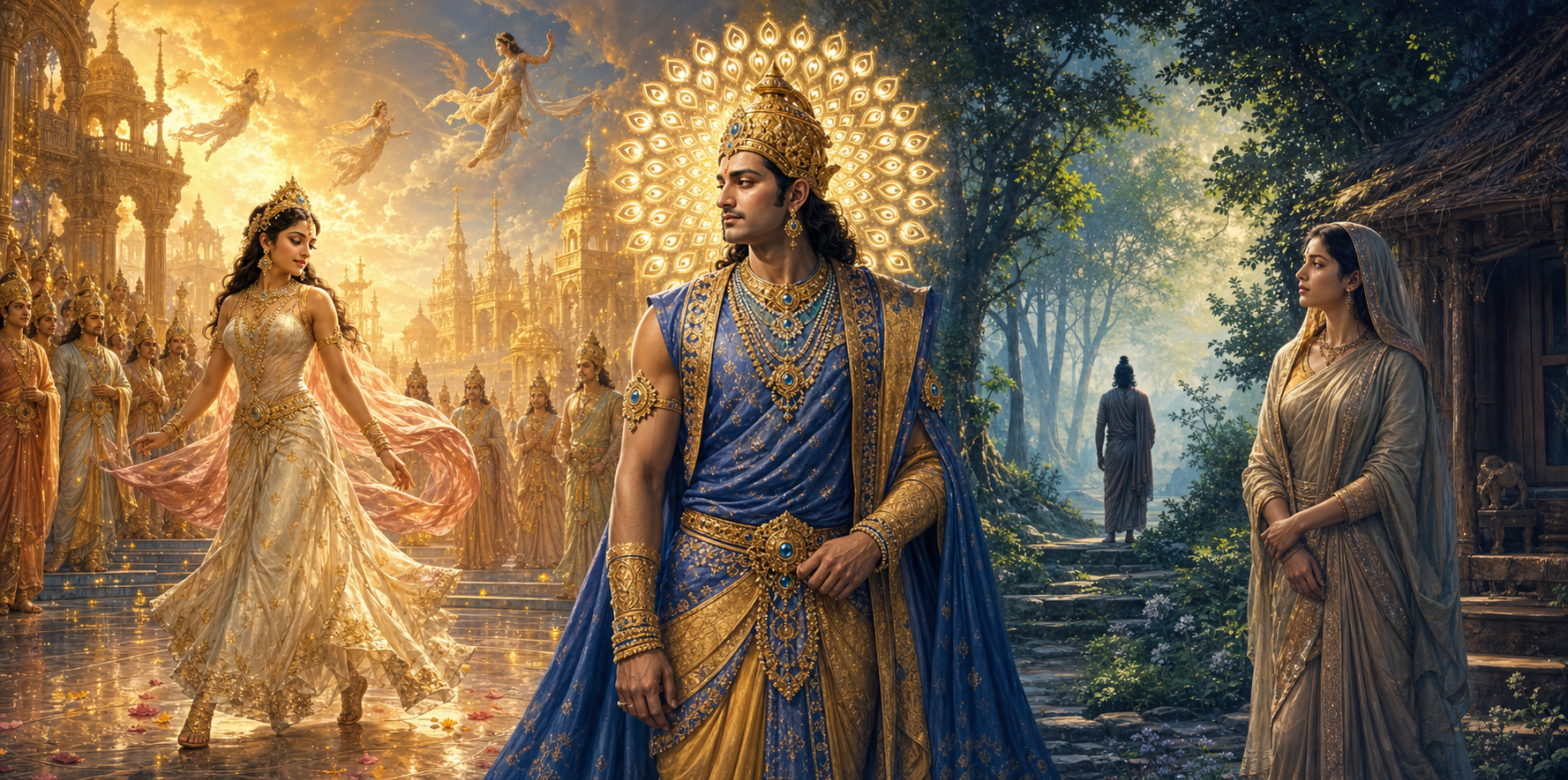 Indra stands between a radiant celestial court with Tilottama and a quiet forest hermitage with Ahalya, surrounded by a halo of luminous eye motifs.