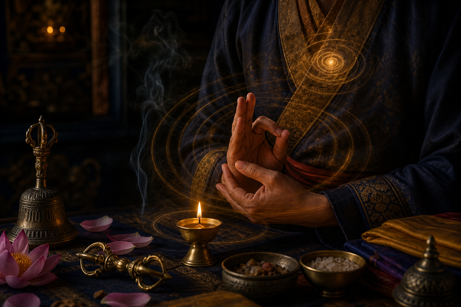 Hands form a ritual gesture above an altar holding a vajra, bell, offerings, folded cloth, and a glowing butter lamp.