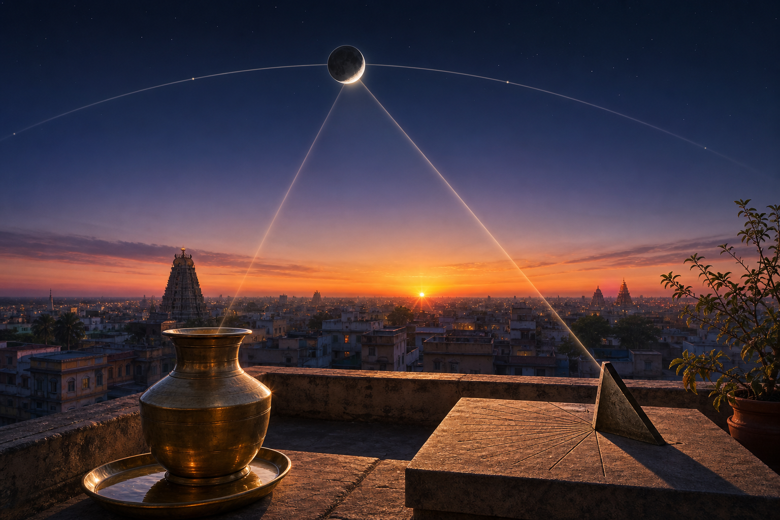 A dark moon, celestial arc, city horizon, and terrace shadow marker symbolize translating an astronomical tithi boundary into local time.