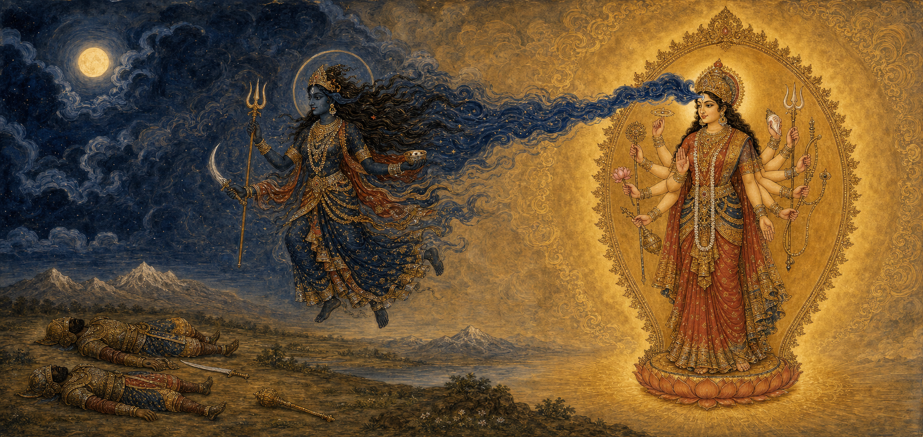 A dark, lean Kali-Chamunda emerges from the radiant brow of Chandika as two defeated demon warriors lie in the distant battlefield.