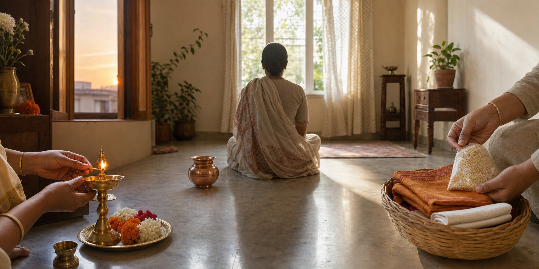 A continuous home scene shows a lamp being lit, a person meditating, and grains and cloth being placed in a donation basket as the day progresses.