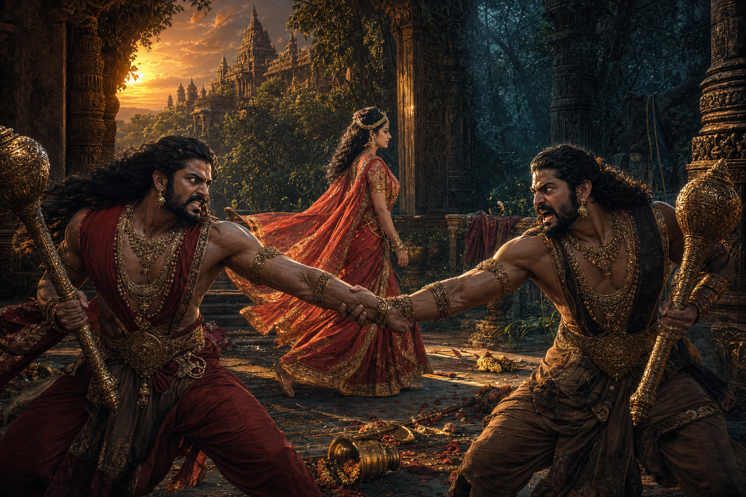 Sunda and Upasunda struggle against each other in a palace courtyard as Tilottama walks through the scene in celestial garments.