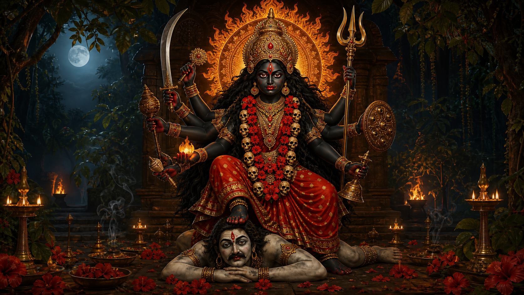 Bhadrakali stands above a pale Vetala at the entrance to a lamp-lit forest shrine in Kerala.