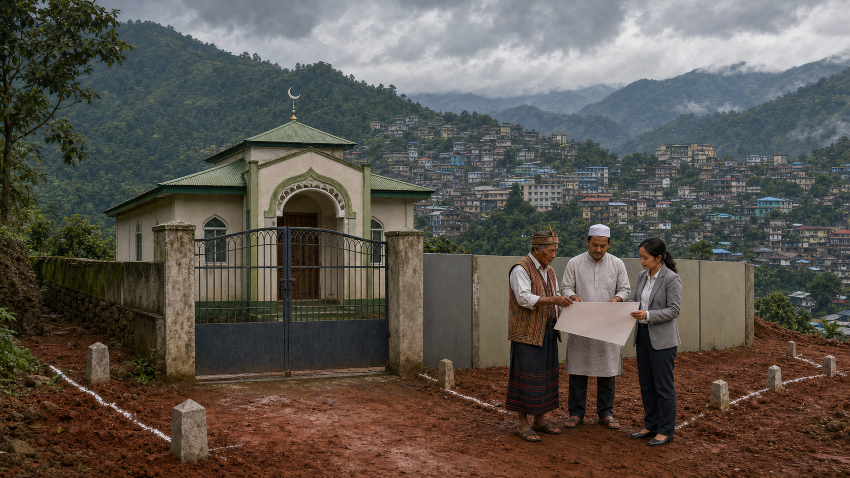 Conceptual illustration of a closed prayer hall in a forested hill city as an Indigenous elder, a Muslim representative, and an official review a site plan beside boundary markers.