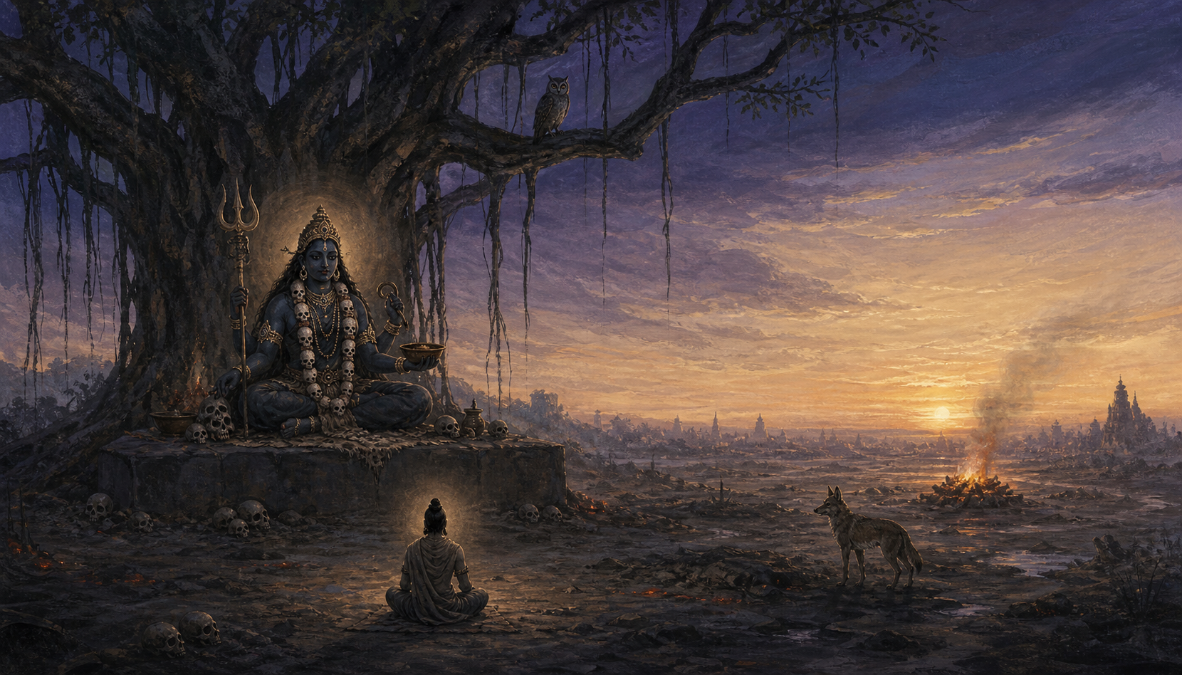Chamunda meditates beneath a banyan tree in a cremation ground while a solitary practitioner faces her among ash, embers, an owl, and a jackal.