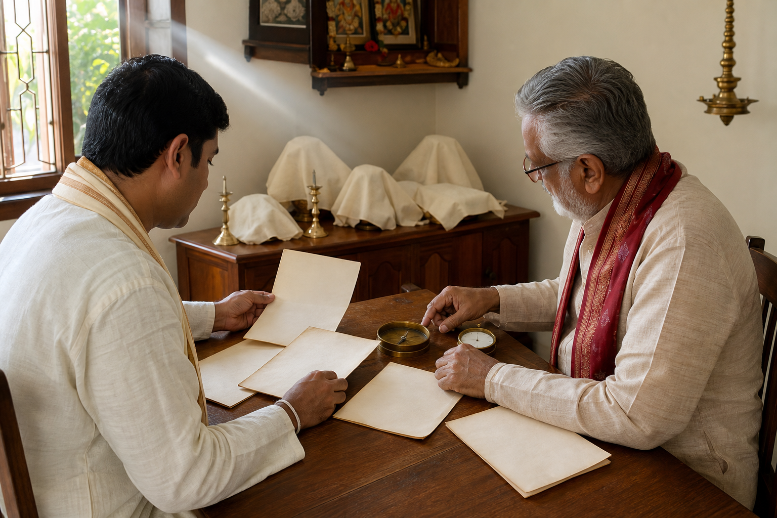 Two people verify blank almanac pages, direction, and local time while covered ritual items wait in the background.
