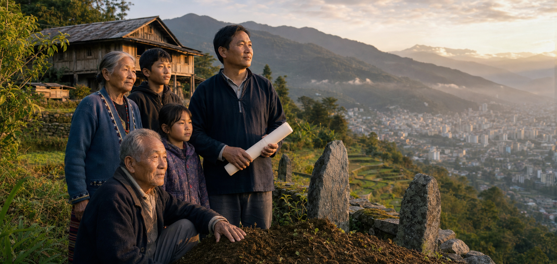 An Indigenous family stands beside a timber home and boundary stones on a forested Arunachal hillside overlooking urban development.