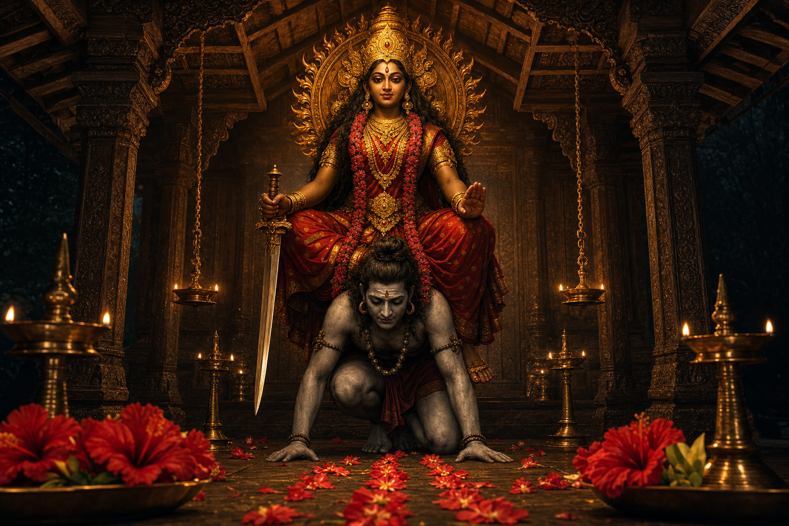 A calm Bhadrakali stands above a crouching, ash-pale Vetala that serves as her supporting vehicle inside a Kerala shrine.