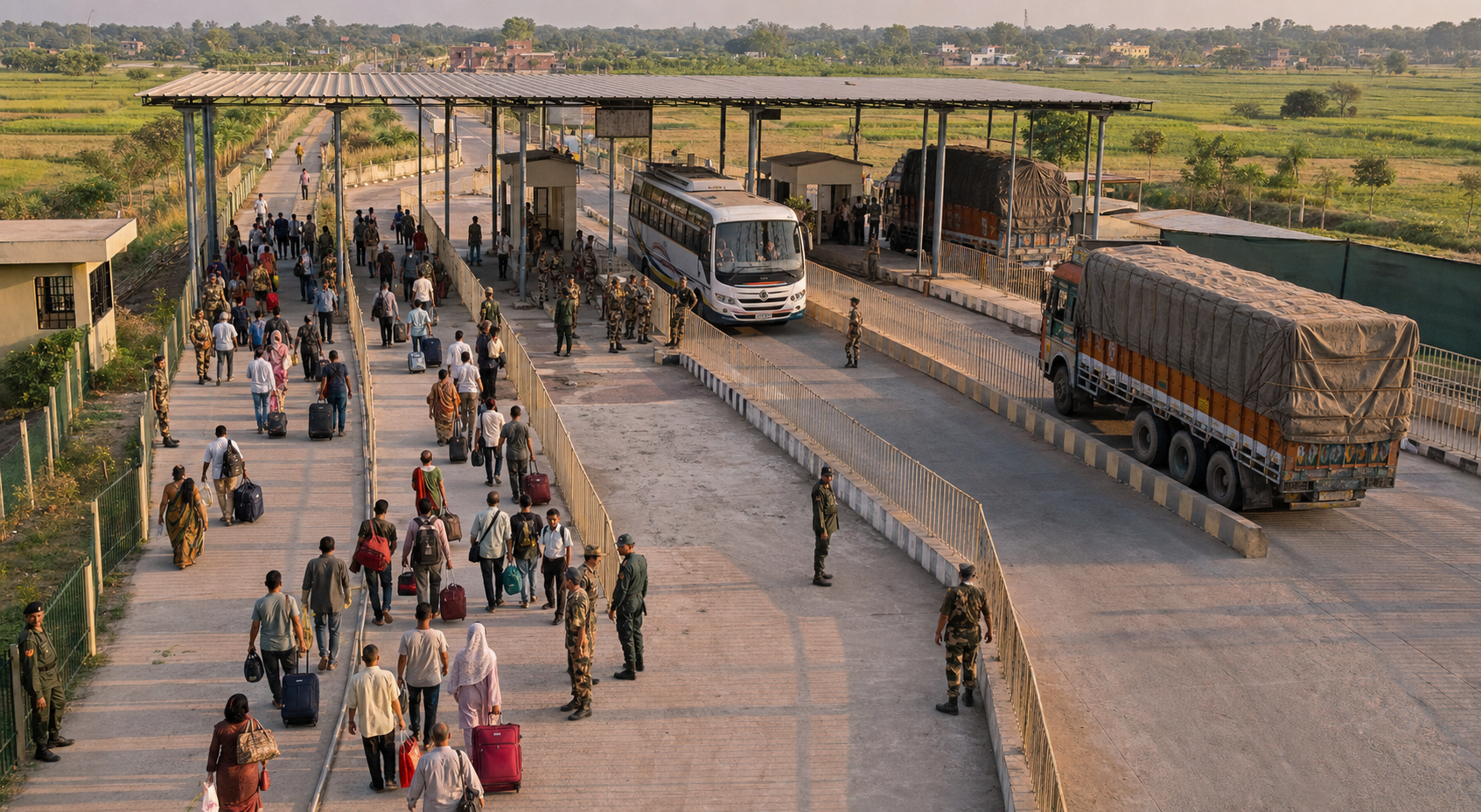 Travelers, a bus and freight trucks pass through an orderly land border crossing between India and Bangladesh.