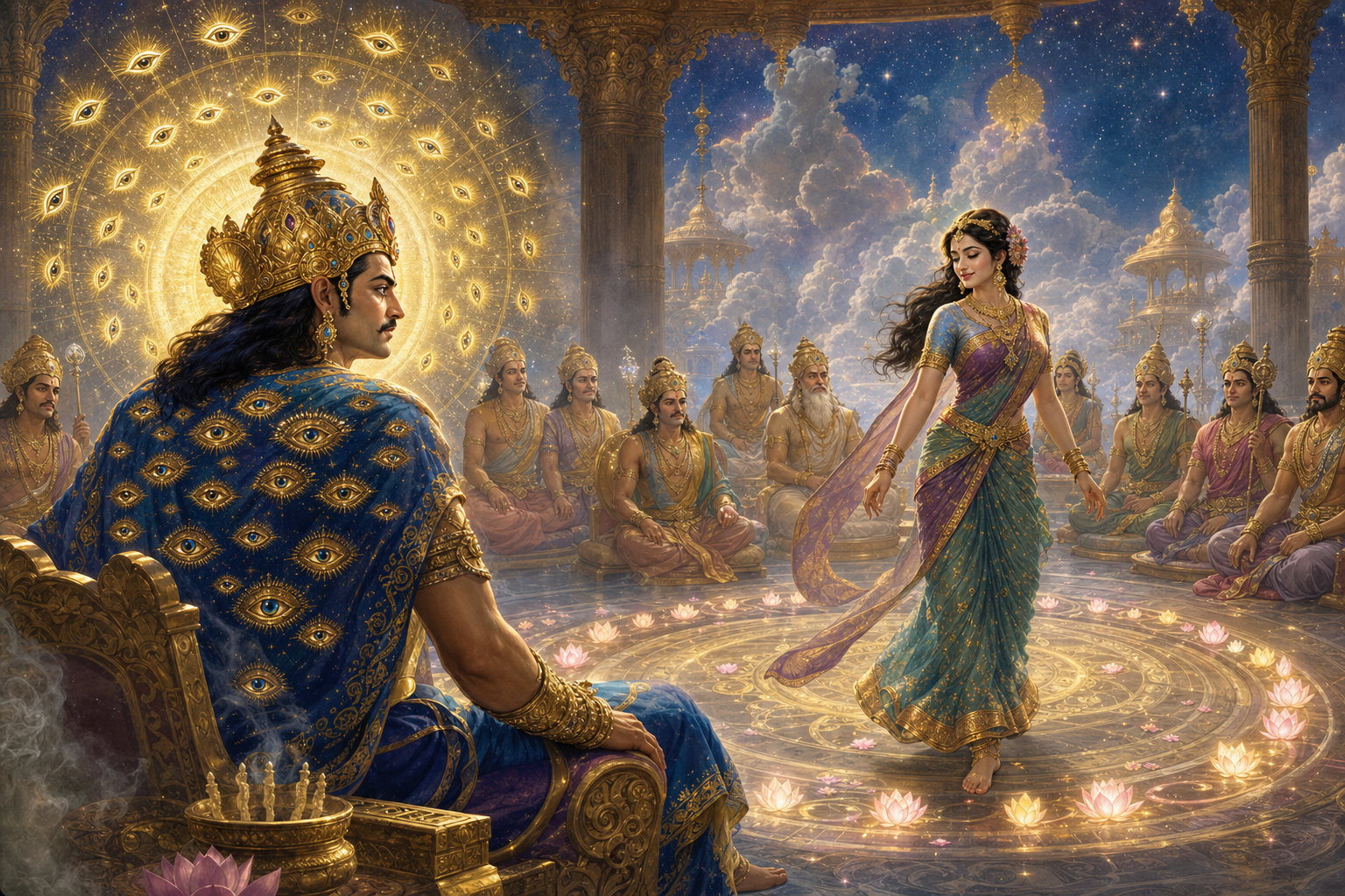 Tilottama circles a celestial assembly while Indra follows her with his gaze and many luminous eye motifs appear on his mantle and halo.