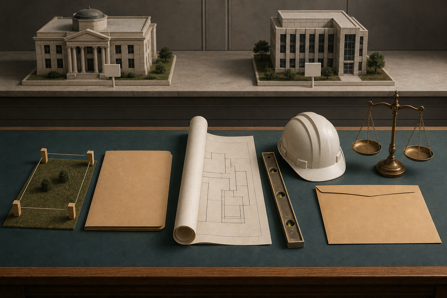 Five groups of land and building evidence are arranged beside balanced scales and two equally marked model buildings on an inspection desk.