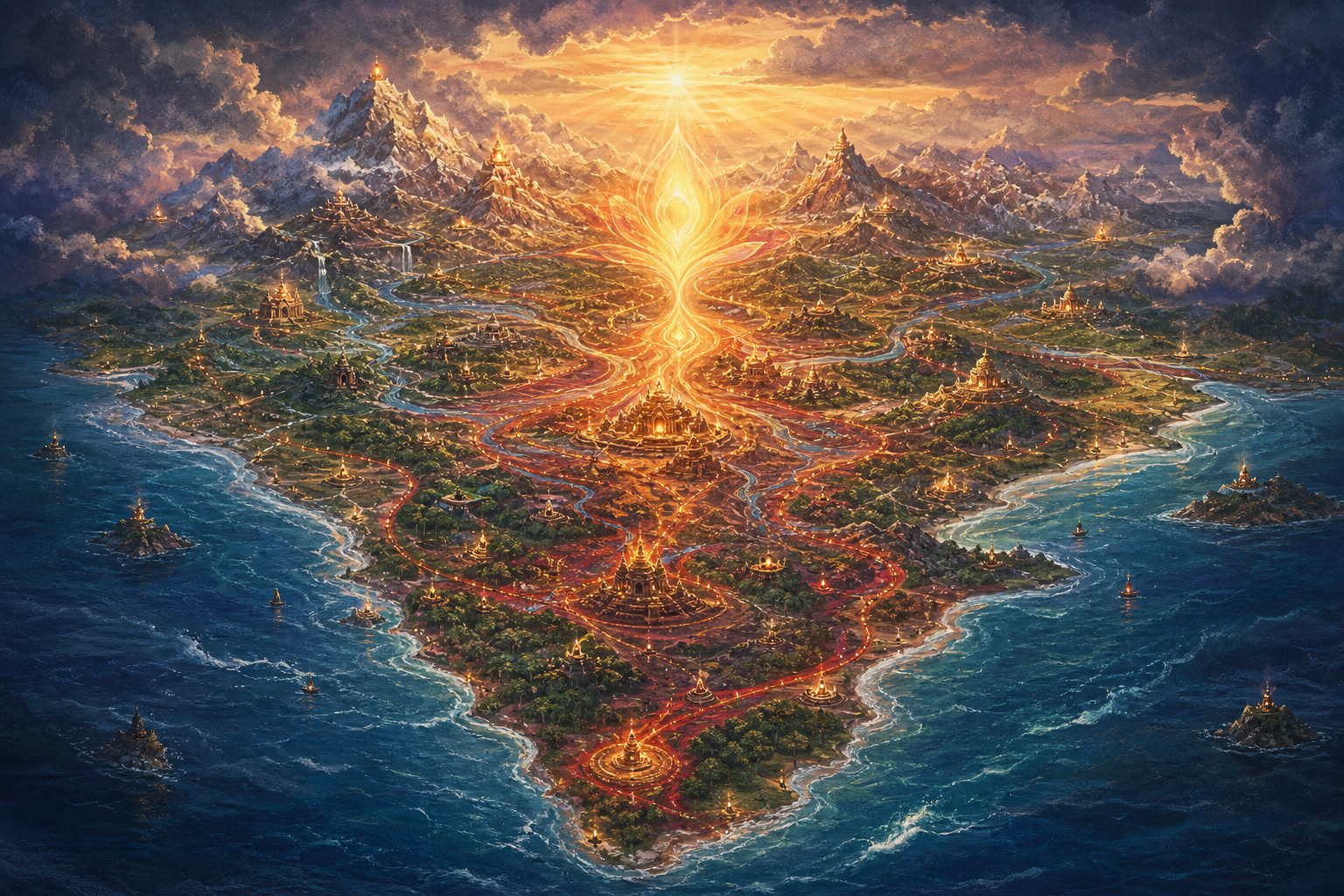 A luminous mandala spans mountains, rivers, forests and temple settlements across the Indian subcontinent, with an abstract feminine presence rising from the landscape.