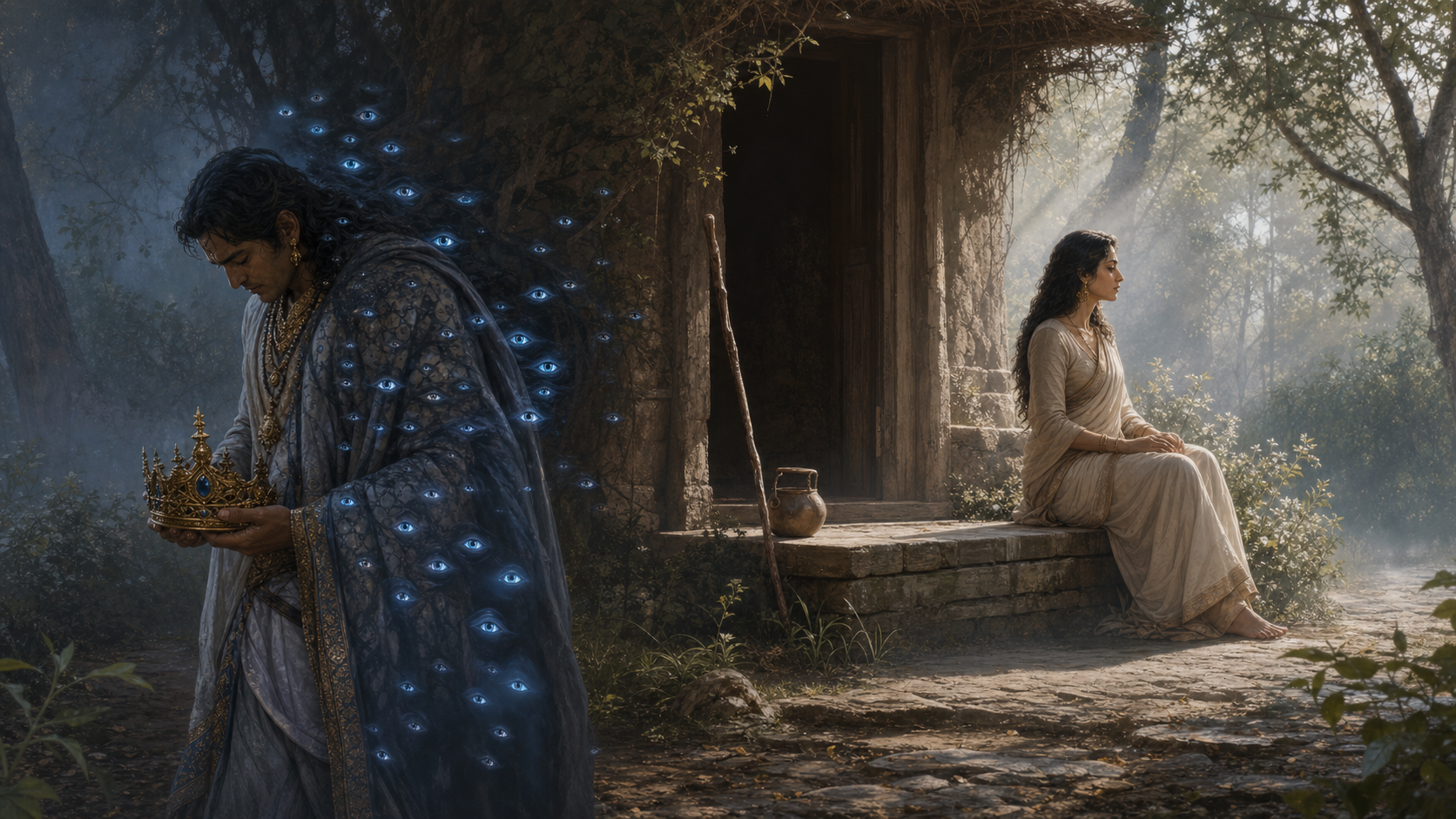 Indra stands in shame as dark marks on his mantle transform into eye motifs, while Ahalya sits separately in a quiet forest hermitage.