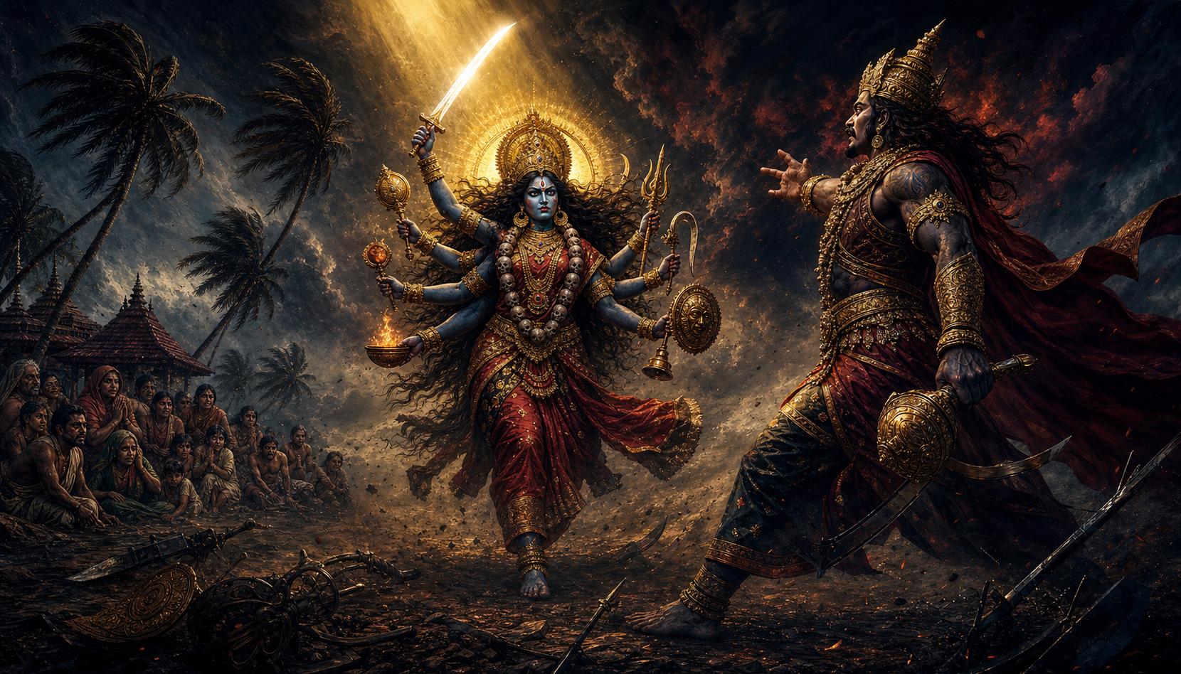 Bhadrakali confronts the warrior Darika on a storm-dark battlefield while villagers take shelter in the distance.