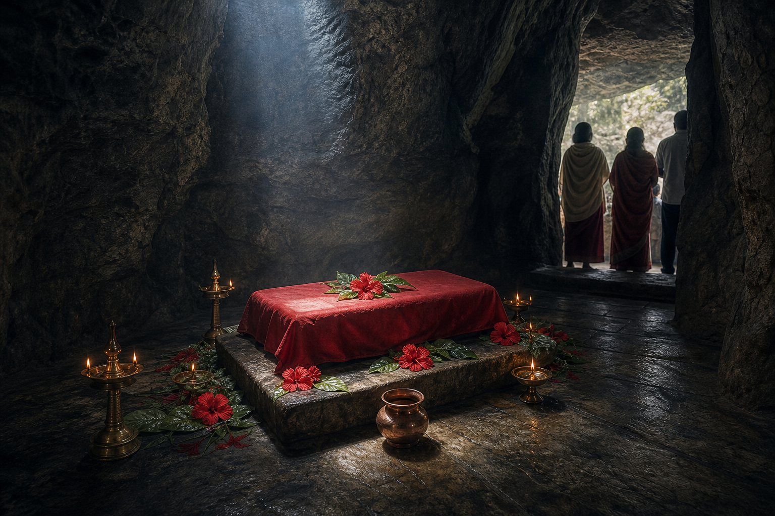 A crimson-draped stone altar stands in a dim rock sanctum surrounded by oil lamps, flowers and ritual vessels while worshippers pause at the threshold.