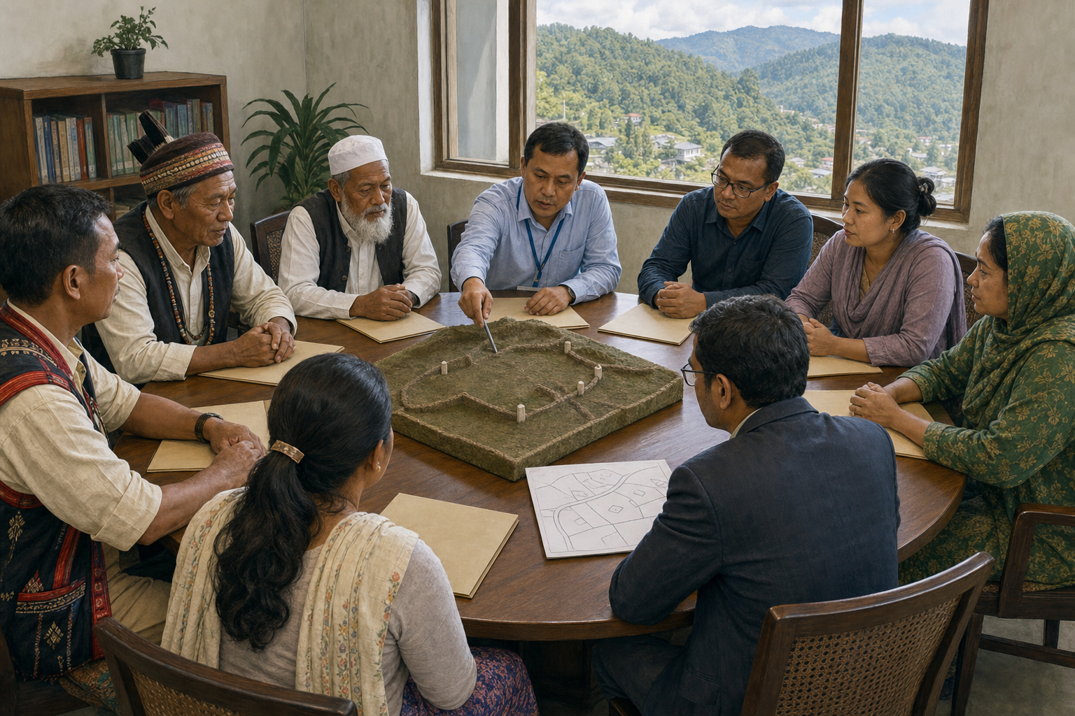 Residents, community representatives, legal advisers, and land officials discuss documents and a parcel model around a civic office table.