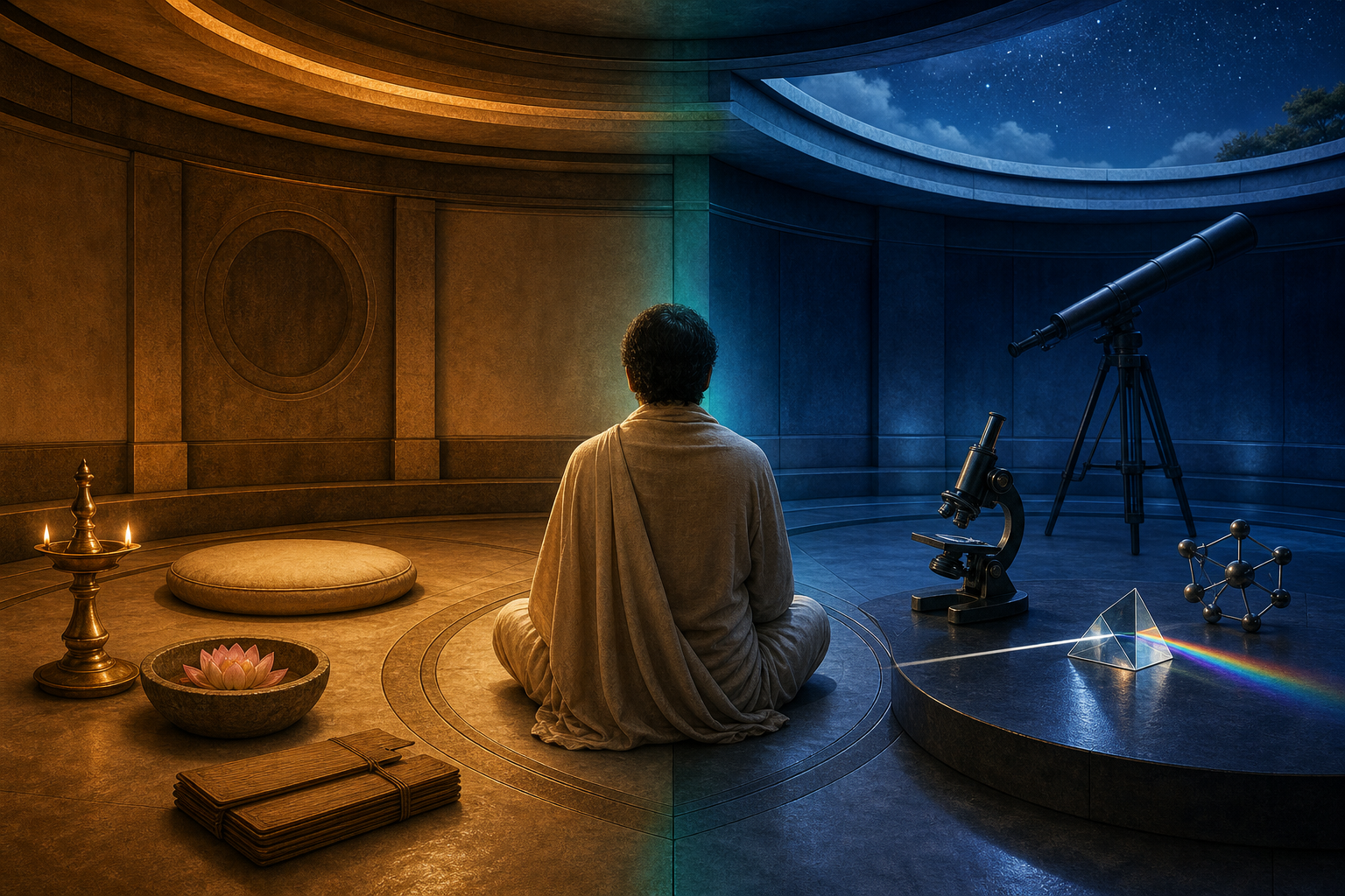 A seated scholar occupies the center of a circular study, with a meditation cushion and oil lamp on one side and a microscope, prism and telescope on the other.