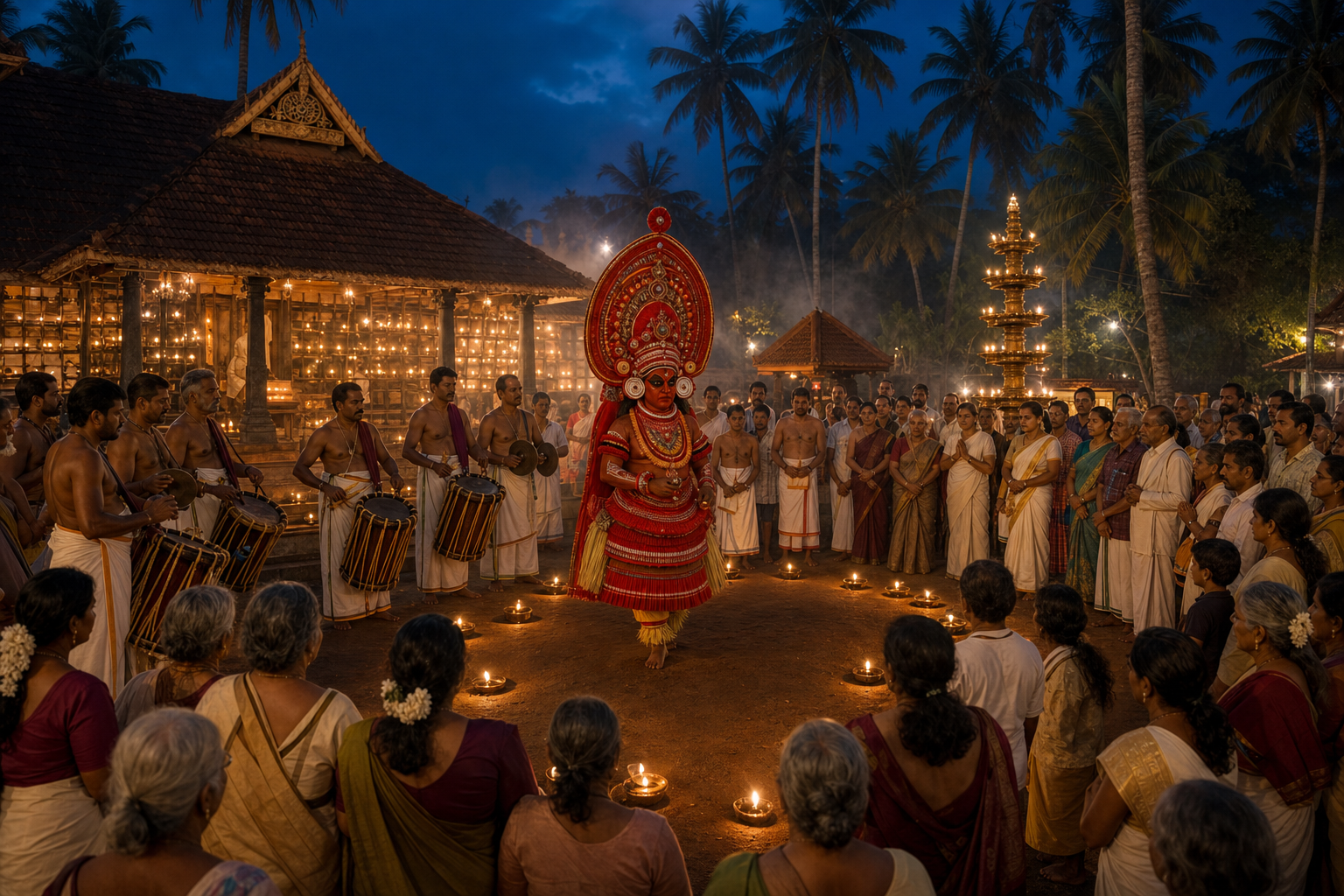 A Bhadrakali ritual performer in red ceremonial attire stands among musicians and gathered families in a lamp-lit Kerala shrine courtyard.