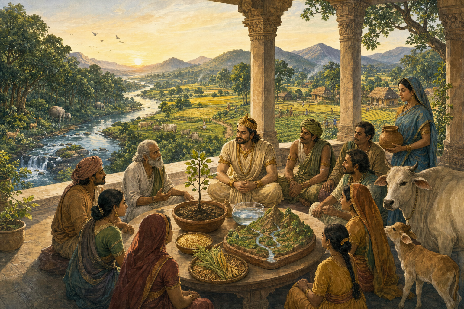 An ancient Indian ruler consults farmers, administrators, villagers, a child, and a cow with her calf around soil, water, grain, and a sapling, with a river, forest, fields, and village in the background.
