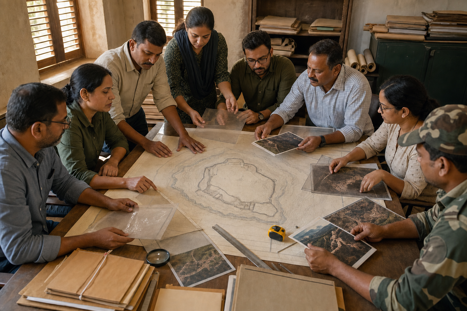 Heritage officials, archaeologists and surveyors consolidate maps, photographs and records around a shared table.