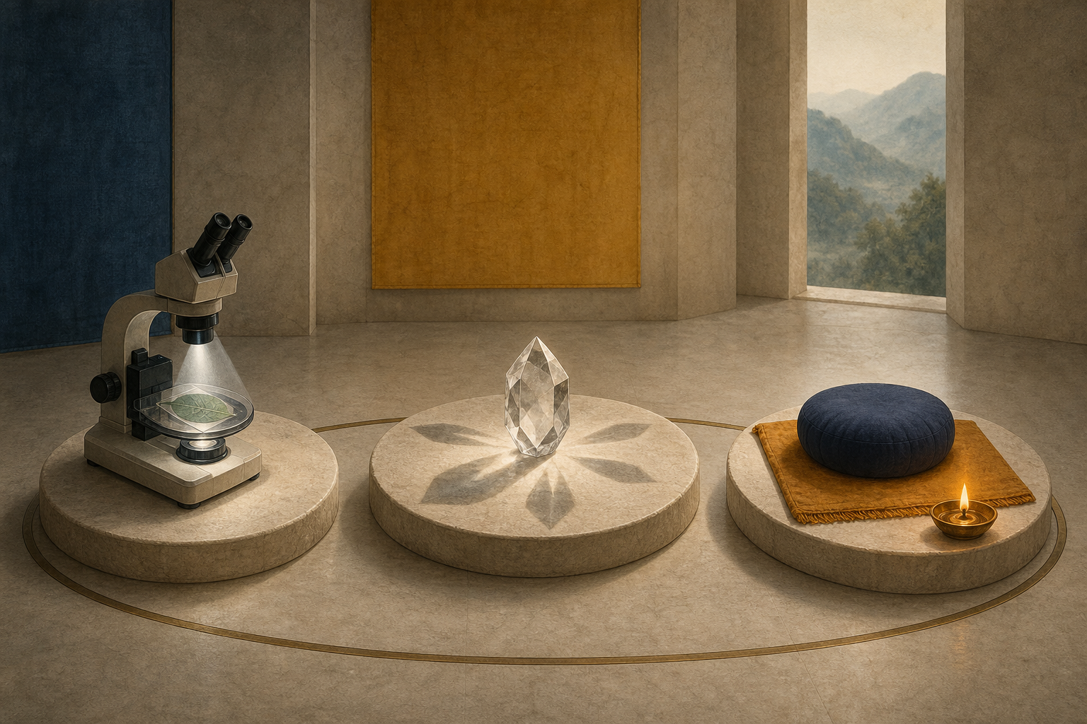 Three connected platforms hold a microscope and leaf sample, a faceted crystal casting shadows, and a meditation cushion beside an oil lamp.