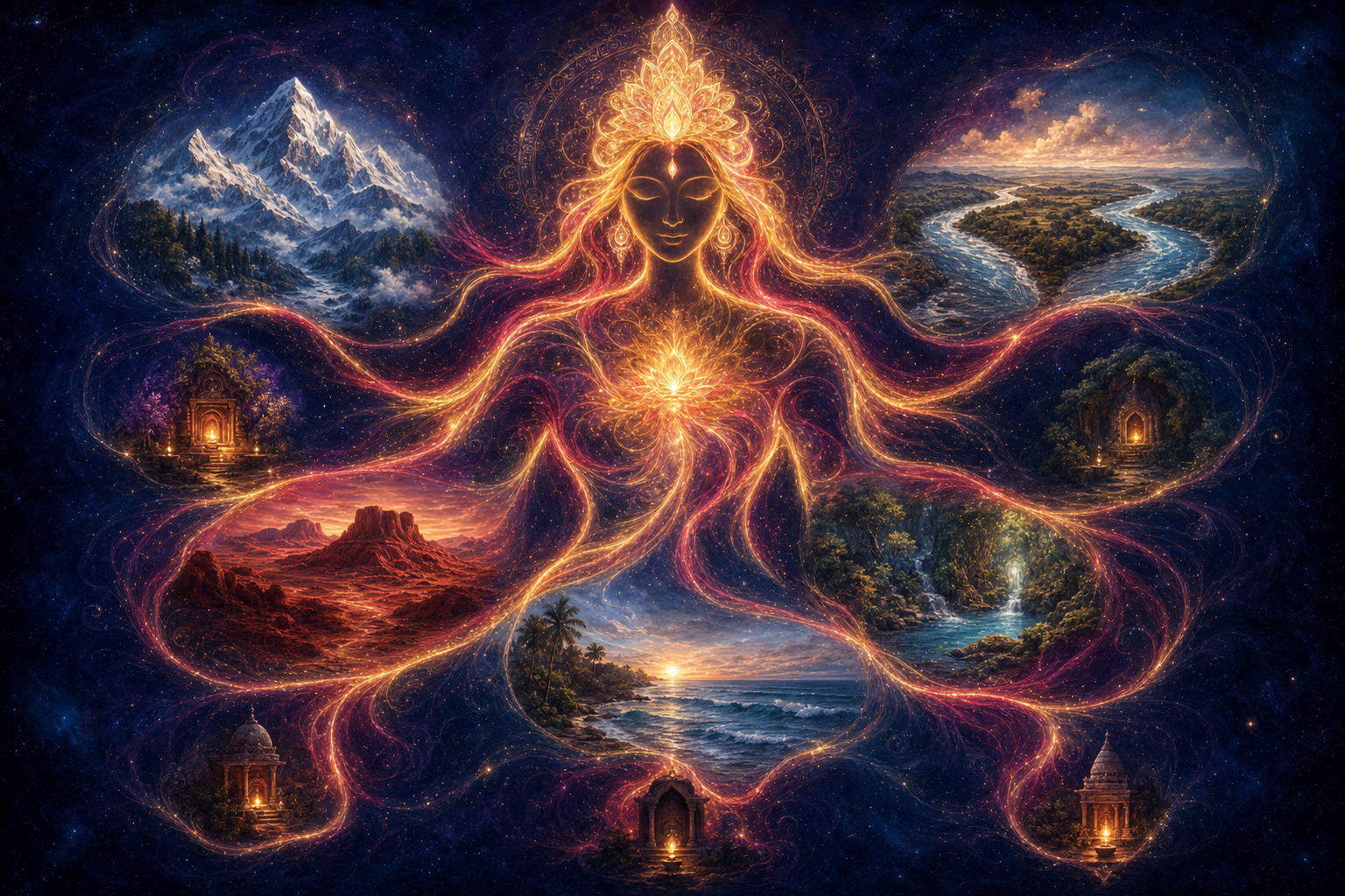 Distinct mountain, river, forest, coastal and shrine landscapes are joined by red and gold light into a single radiant feminine silhouette.