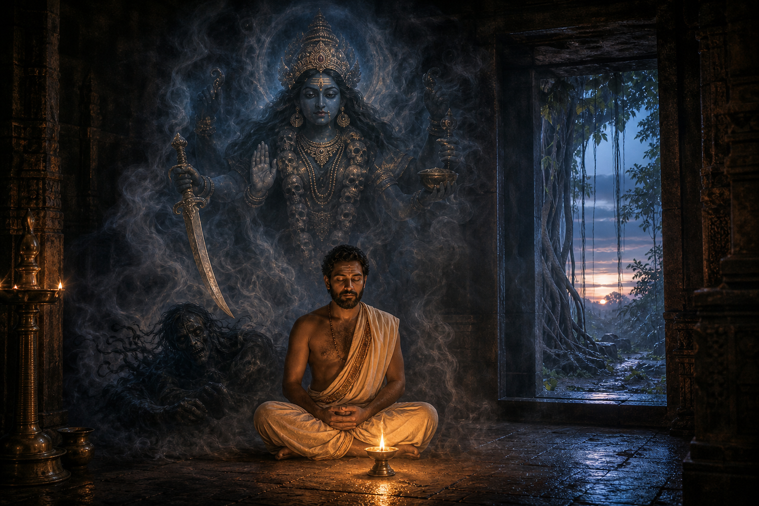 A devotee meditates in a Kerala shrine as a luminous Bhadrakali appears above a shadowy Vetala form dissolving into smoke.