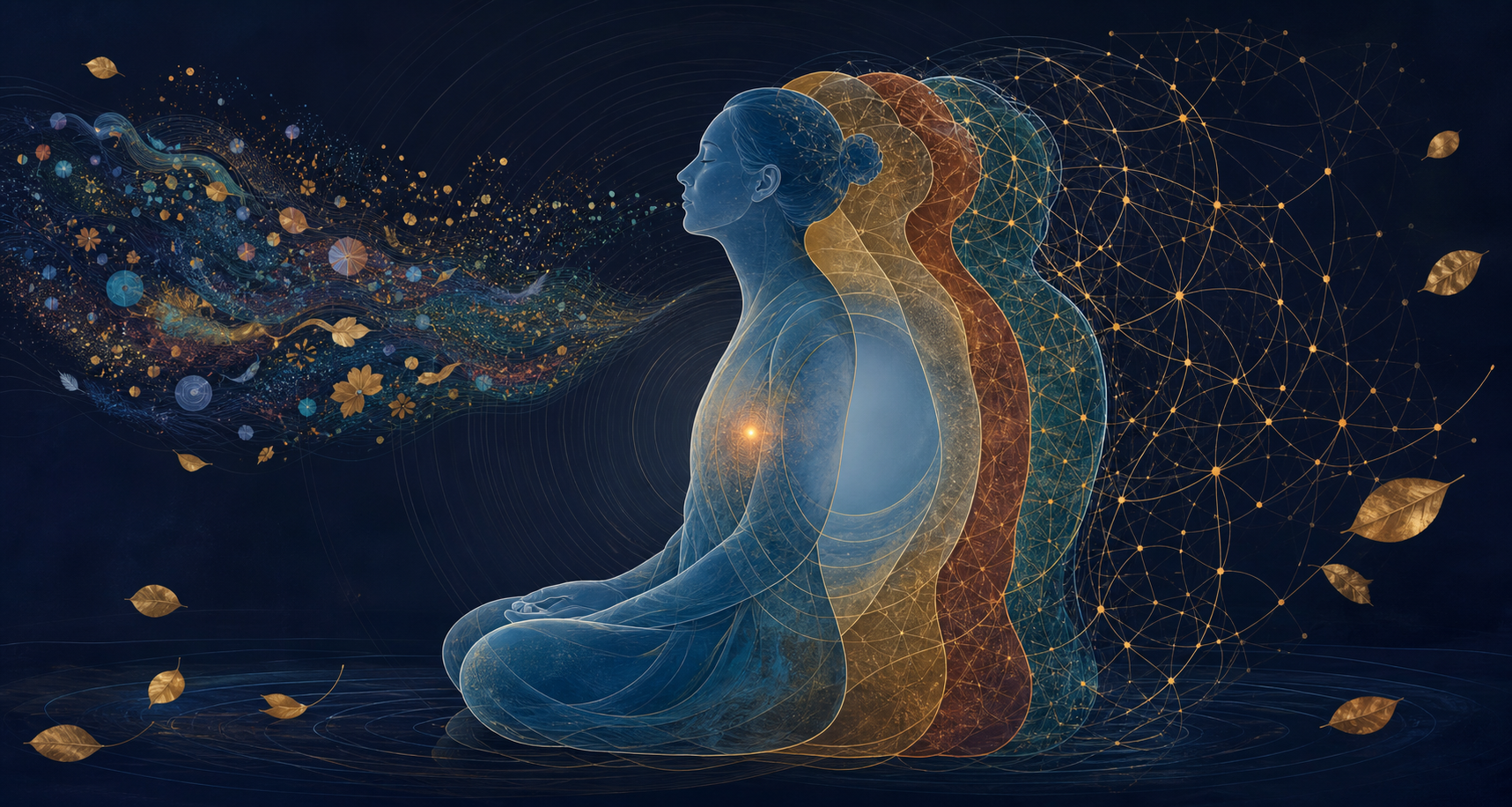 A seated figure is depicted with overlapping translucent layers of particles, luminous threads, open space and a small point of warm light.